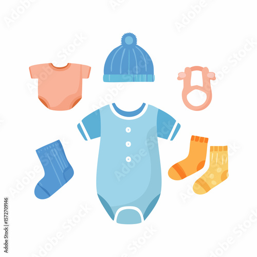 Cute Baby Essentials: A charming assortment of essential baby clothes and accessories, including a blue onesie, socks, hat, and a baby pacifier, arranged playfully on a pristine background.
