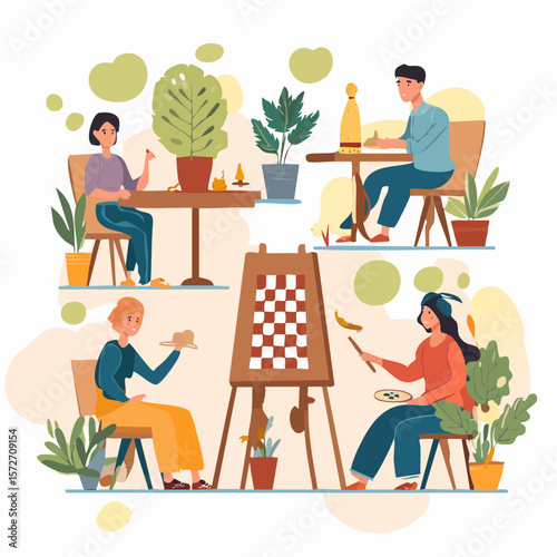 Artistic Rendezvous: Illustrative depiction of individuals engrossed in creative pursuits, surrounded by potted plants, capturing the essence of leisure and artistic inspiration.