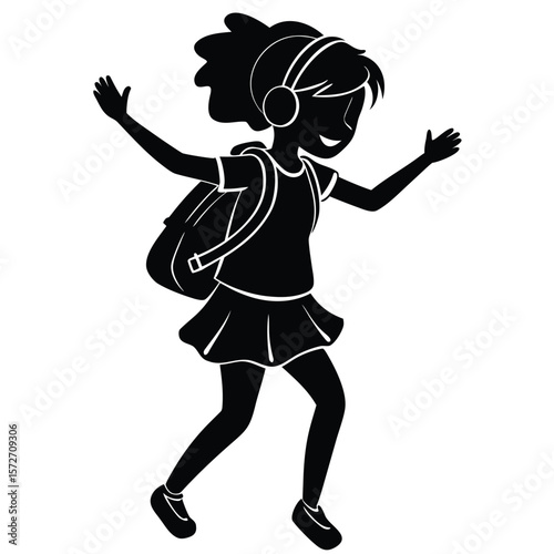 Silhouette of a Little Girl Dancing with Headphones and Backpack