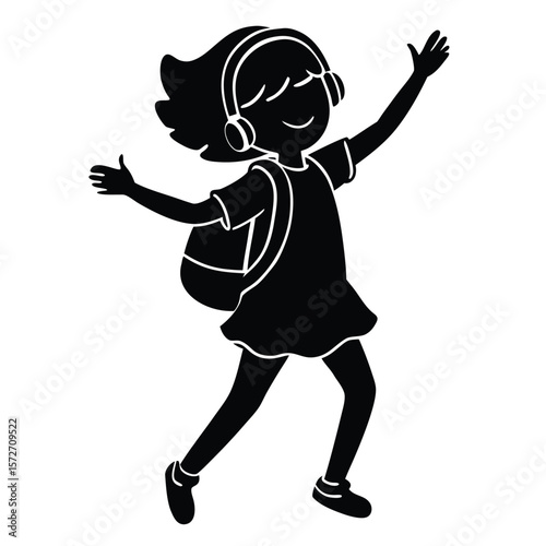 Silhouette of a Little Girl Dancing with Headphones and Backpack