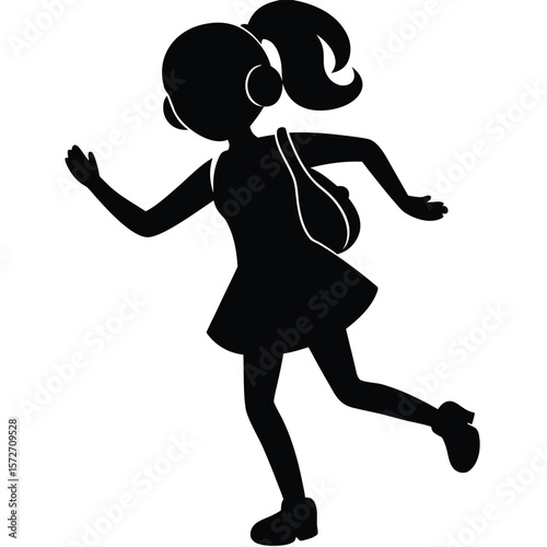 Silhouette of a Little Girl Dancing with Headphones and Backpack