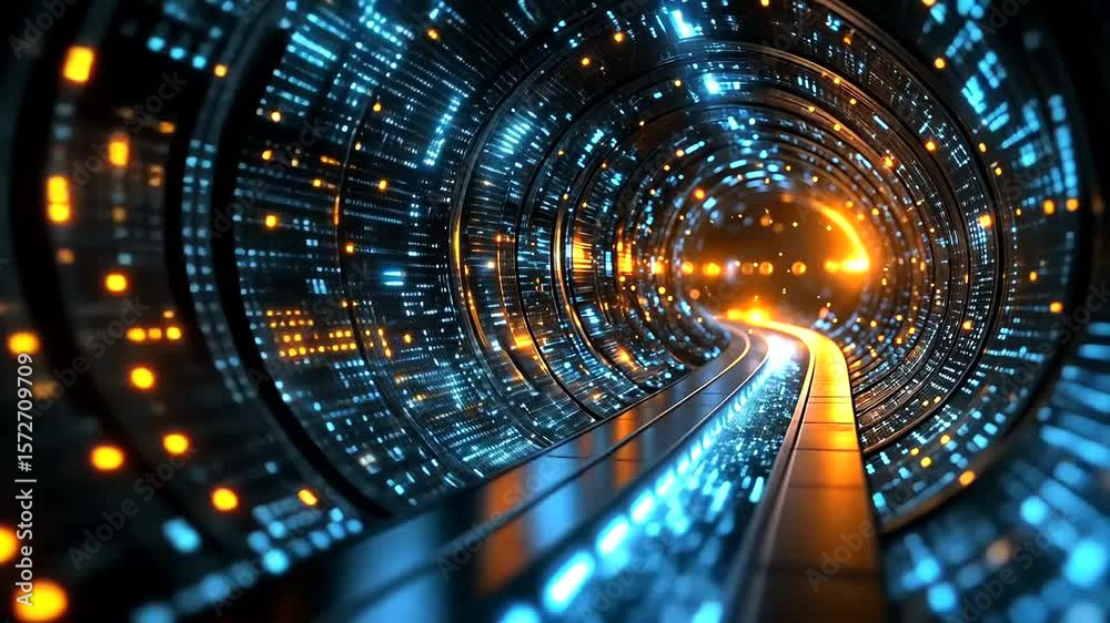 Abstract technological tunnel with digital data stream and glowing lights effect