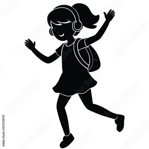 Silhouette of a Little Girl Dancing with Headphones and Backpack