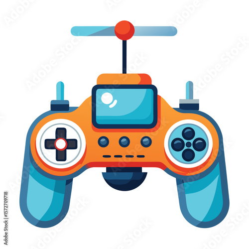 A modern drone controller with joysticks, isolated on white, for technology, remote control, gaming, or aviation.