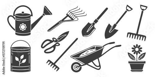 Collection of Gardening Tools and Equipment in Simple Icons in vector