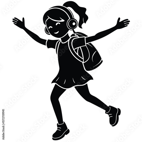 Silhouette of a Little Girl Dancing with Headphones and Backpack