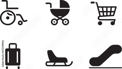 "Set of Six Solid Black Icons Representing Different Modes of Transport and Mobility".