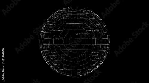 Wireframe sphere animation, abstract digital globe rotation, 3D circular grid lines, futuristic tech ball design, rotating HUD interface element, sci-fi globe effect