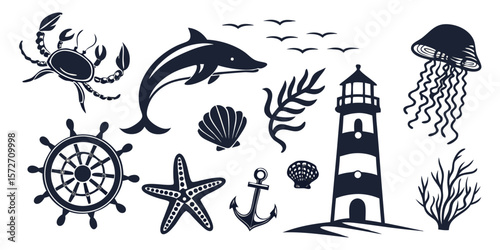 Nautical Collection of Ocean Icons in Monochrome Style in vector
