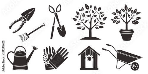 Set of Simple Black and White Garden Tools and Elements in vector
