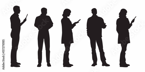 Silhouette Study: A collection of five diverse figures, captured in elegant silhouette, each absorbed in the use of a handheld device, hinting at the contemporary ubiquity of technology.