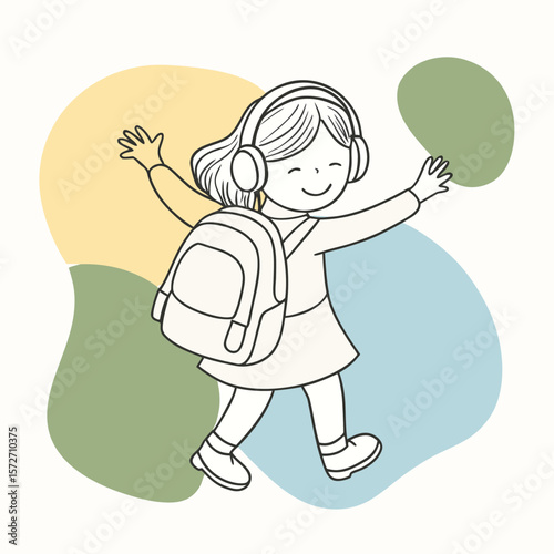 Silhouette of a Little Girl Dancing with Headphones and Backpack