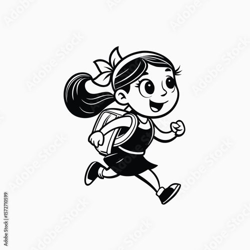 Silhouette of a Little Girl Running with Backpack and Flying Ponytail