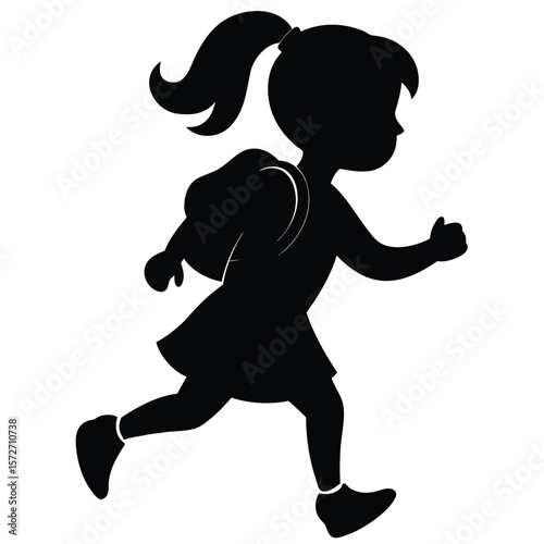 Silhouette of a Little Girl Running with Backpack and Flying Ponytail