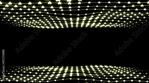 Glowing heart tunnel animation, romantic 3D love pattern, yellow heart symbols grid, abstract valentine background, digital romantic corridor, neon love motion loop