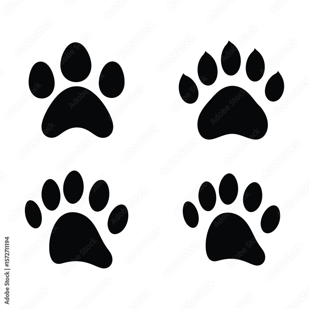 Fototapeta premium Black paw print icons of animal track on white background