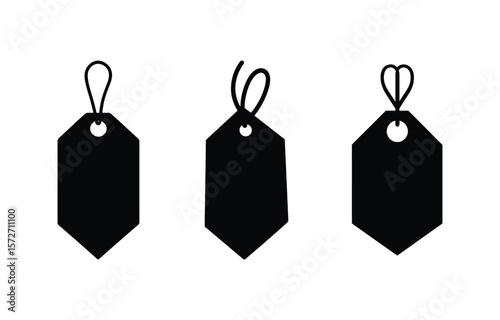 Three black vector icons depict different retail tags hanging by varying string loops against a white background