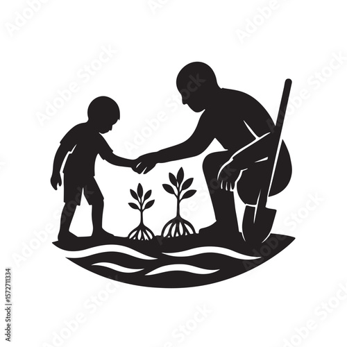 Wallpaper Mural Father and Child Planting Trees Together for Nature Conservation Torontodigital.ca