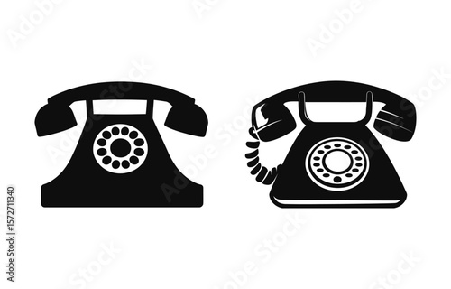 Two black retro telephone icons with circular dial on a white background