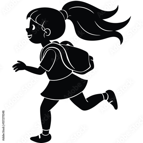 Silhouette of a Little Girl Running with Backpack and Flying Ponytail