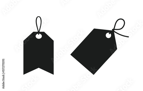 The image features two minimalist black vector illustrations of sale tags with strings, set against a crisp white background, emphasizing