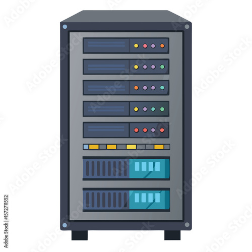 A modern server rack unit with blinking lights, isolated on white, for data, technology, network, or IT infrastructure.