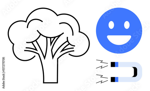 Tree outline in black, blue happy face, and magnet with magnetic lines. Ideal for sustainability, nature, happiness, emotion, attraction, science simple landing page