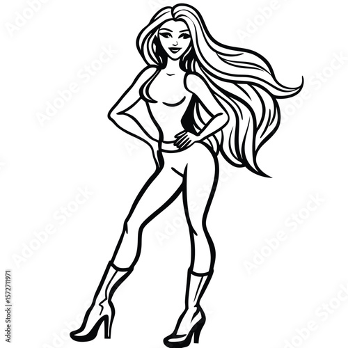 Stylish woman with long wavy hair and high heels silhouette