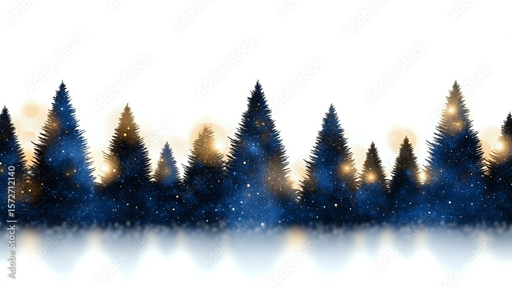 Obraz premium Magical winter forest silhouette against starry night sky with glowing lights and snow, creating mystical woodland atmosphere for seasonal designs and holiday backgrounds.