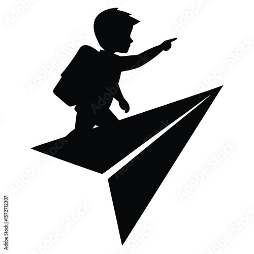 Silhouette Schoolboy Riding Paper Airplane with Backpack