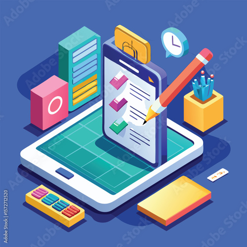 Isometric illustration of a digital checklist on a tablet with a pencil and office supplies silhouette