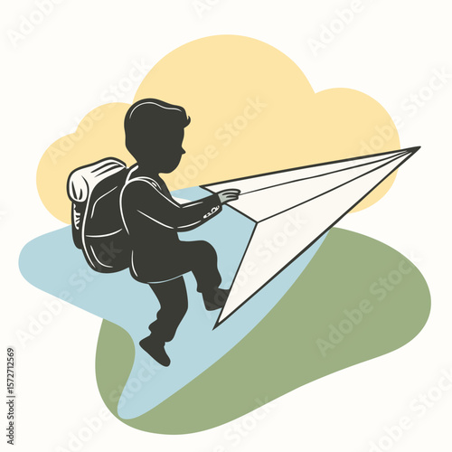 Silhouette Schoolboy Riding Paper Airplane Fantasy Flight Concept