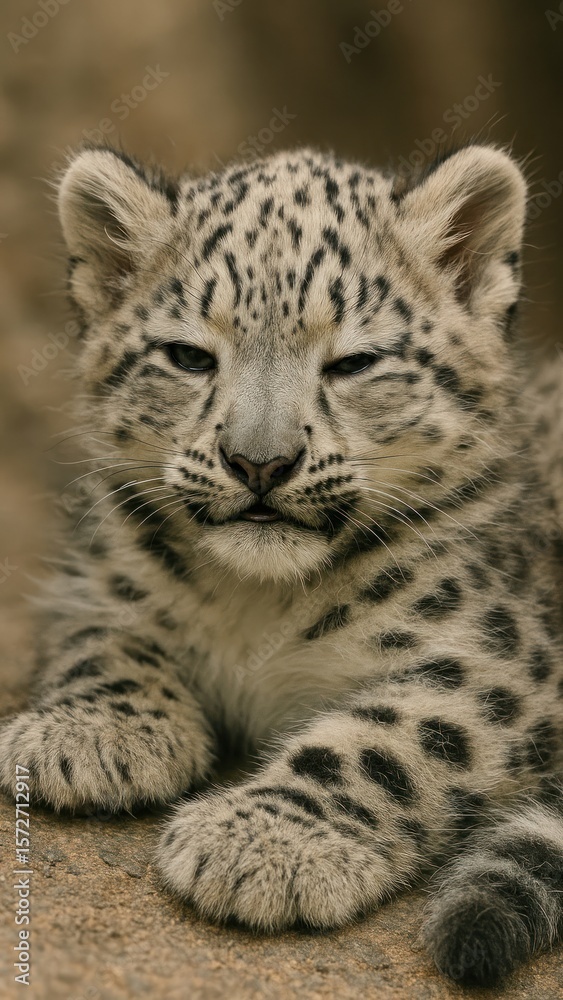Obraz premium Adorable snow leopard cub resting.