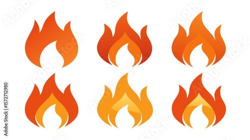 Stylized Fire Icon Set – Nine Gradient Orange Flame Symbols in Flat Modern Design