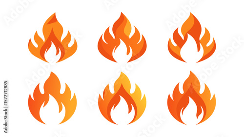 Stylized Fire Icon Set – Nine Gradient Orange Flame Symbols in Flat Modern Design