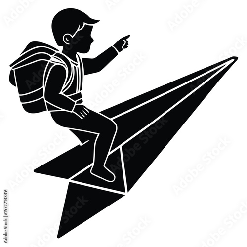 Silhouette of Boy Riding Paper Airplane Fantasy Flight Concept