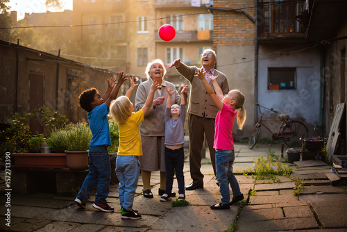 family plays outside