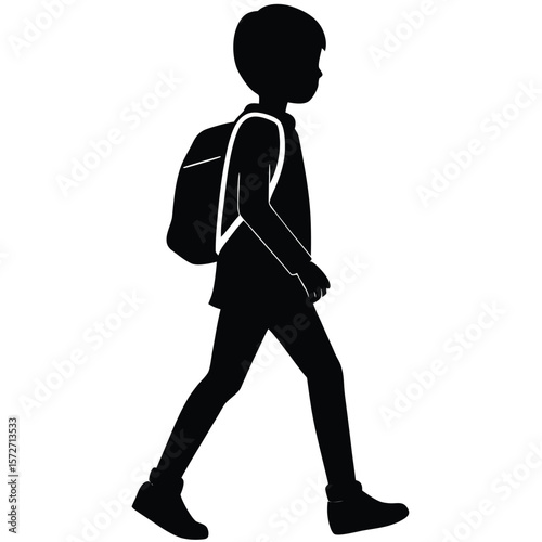 Silhouette of a schoolboy walking side view with backpack isolated on white background