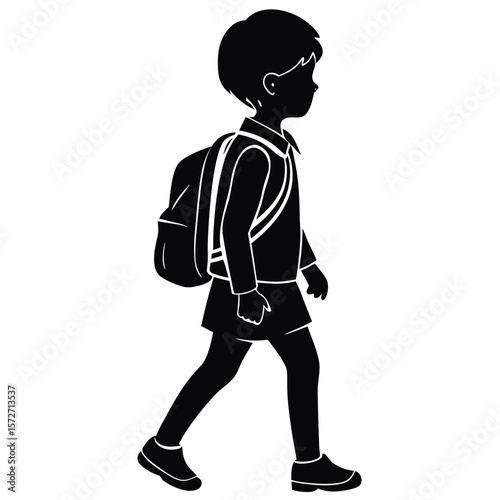 Silhouette of a schoolboy walking with backpack side view isolated on white