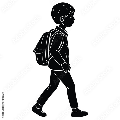 Silhouette of a schoolboy walking side view with backpack isolated on white