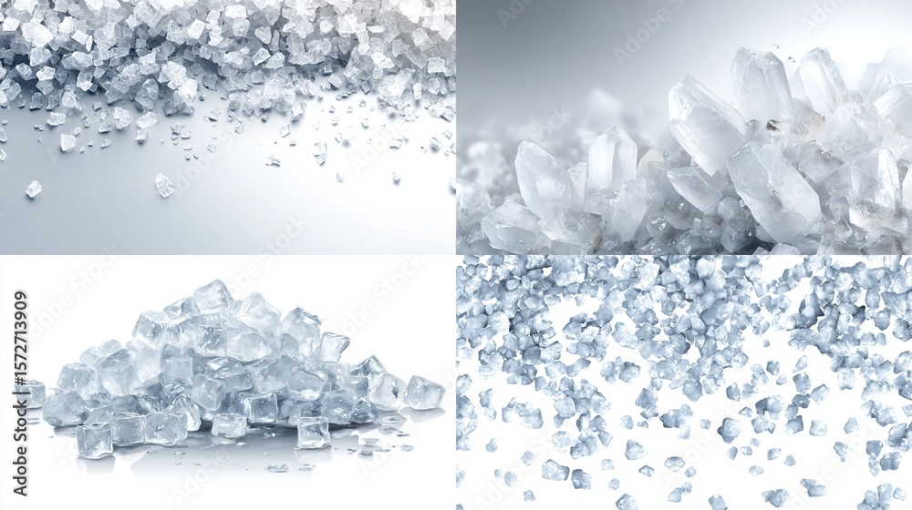 Fototapeta premium Four different close-up images of scattered crystalline salt, against a gray and white background, for culinary uses