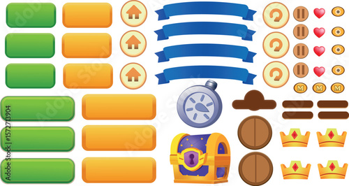 Colorful Game UI Elements Pack – Buttons, Icons, Badges, and Symbols