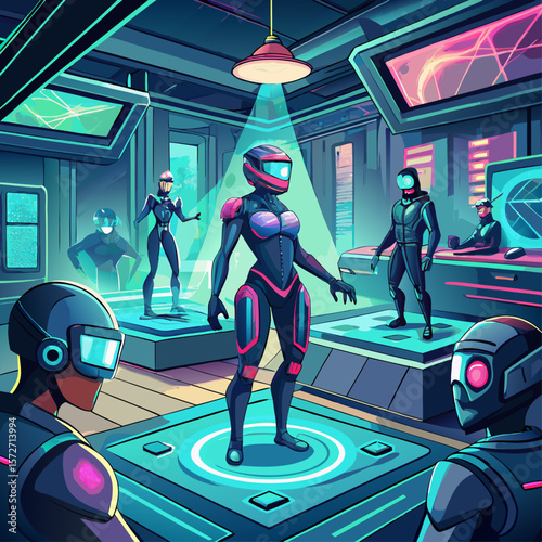 A futuristic scene with people in suits and helmets. A woman in a black suit stands in front of a display case