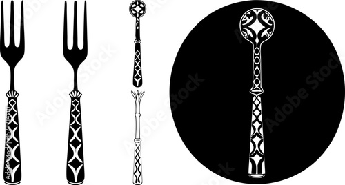 food fork  metal cutlery with pattern  black.eps