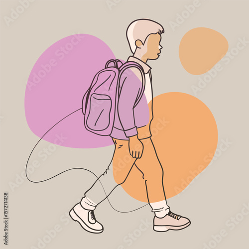 Silhouette of a schoolboy walking side view with backpack
