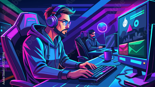 A man is playing a video game with a headset on. He is wearing a blue hoodie and is sitting in front of a computer monitor. The image has a neon and futuristic vibe, with bright colors