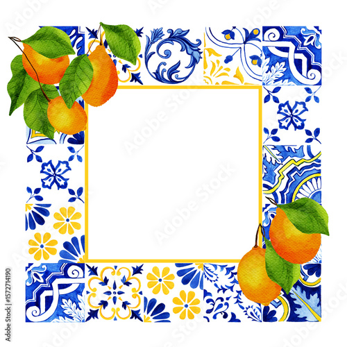 Watercolor Lemons Decorative Wedding Frame, Mosaic Tiles Border with Portuguese Azulejos Traditional Heritage and Citrus Fruits, Isolated Square Frame Hand Drawn Design in Yellow and Blue