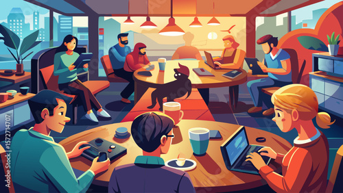 A group of people are sitting around a table in a cafe, working on their laptops. The atmosphere is casual and relaxed, with people enjoying coffee and snacks. The table is surrounded by chairs