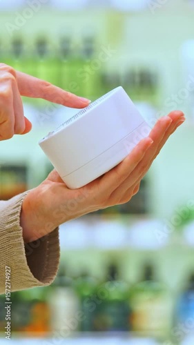 VERTICAL VIDEO: Close-up woman's hands holding a cosmetic jar in a beauty store, reading the label, examining ingredients. Moisturizing face cream or nourishing hair mask. Concept of conscious choice