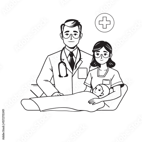 Medical team with doctor nurse and patient vector design concept black and white illustration.